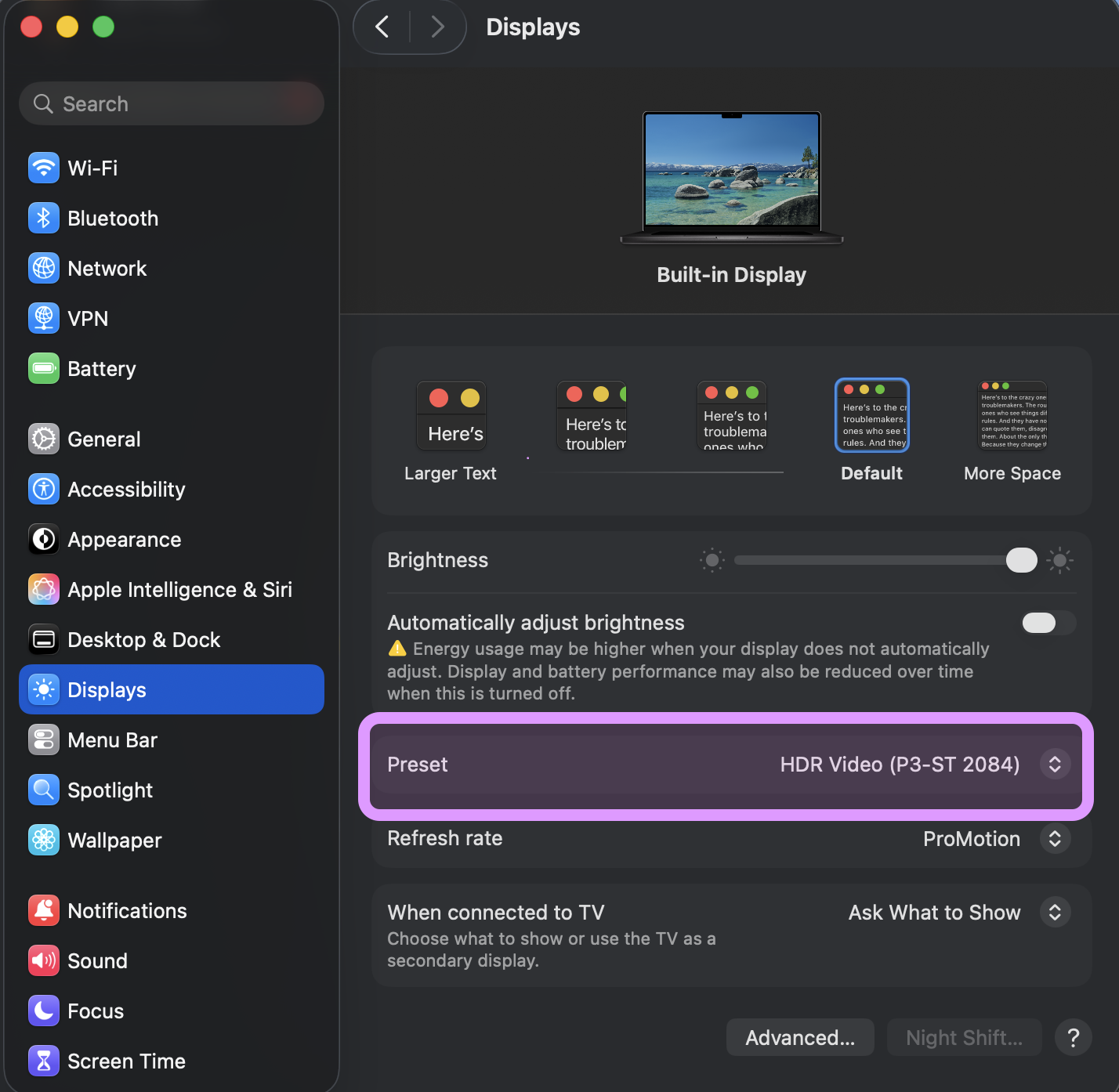 macOS Display-Einstellung: HDR Video (P3-ST 2084)